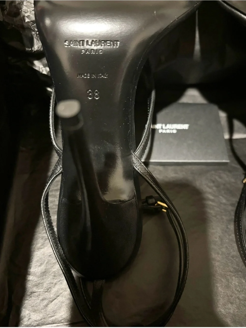 Saint Laurent Black Leather T-Strap Pointed Sandal Heels - Picture 3 of 4